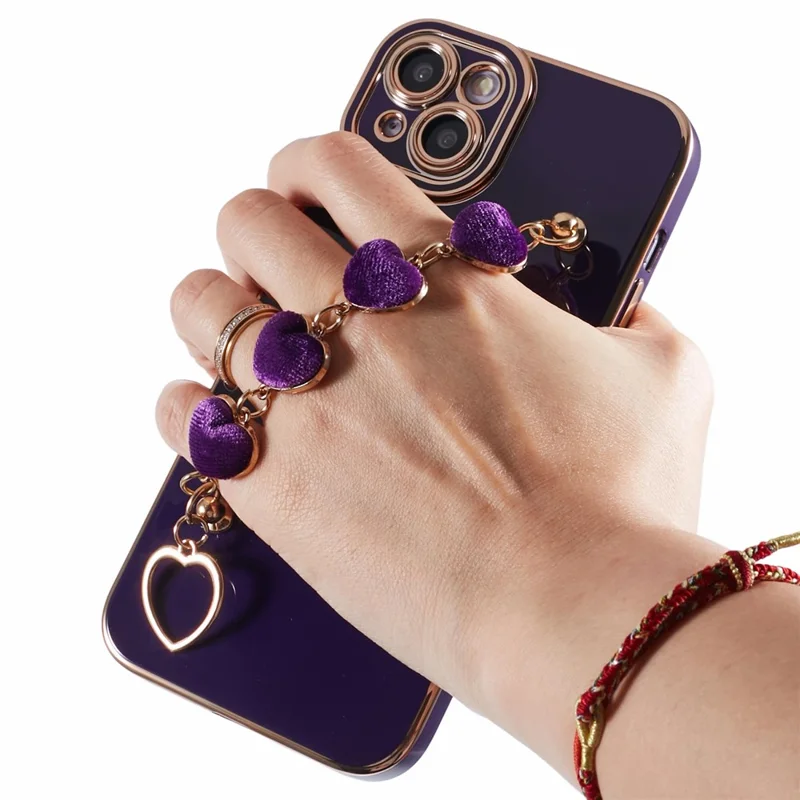 For iPhone 15 Plus Shockproof Case Electroplating TPU Phone Cover with Strap - Dark Purple