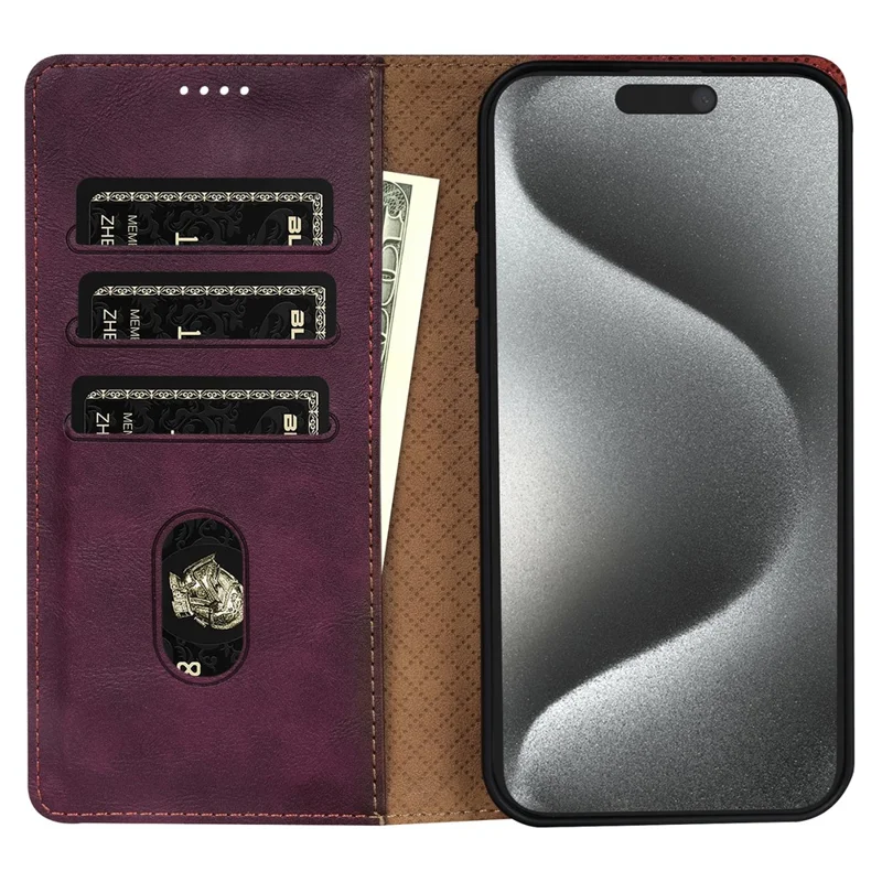 N.BEKUS CSJ-001 For iPhone 15 Case Solid Color Leather Phone Cover with 3 Card Holder - Wine Red