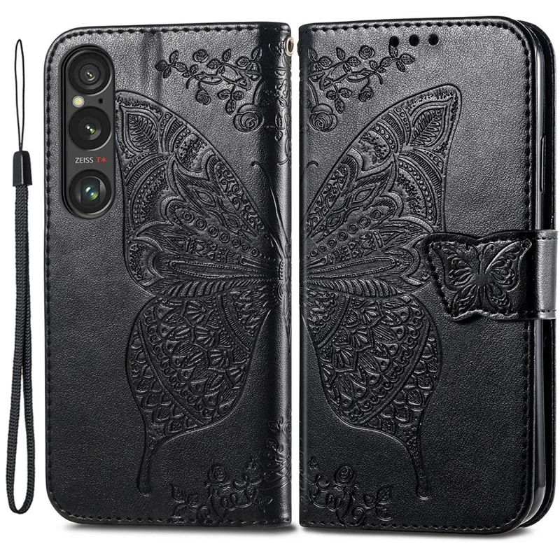 For Sony Xperia 1 VI Case Butterfly Pattern PU Leather Flip Phone Cover - Black