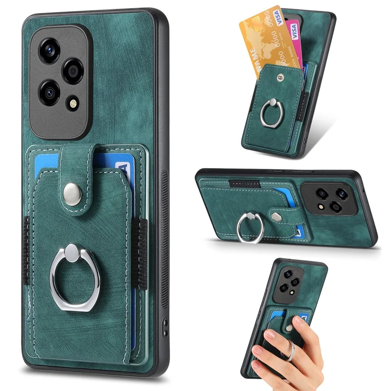 D2 for Honor 200 Lite Case Card Slots Retro PU+TPU Cover with Kickstand - Green