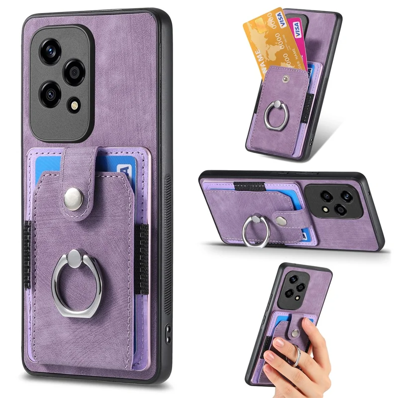 D2 for Honor 200 Lite Case Card Slots Retro PU+TPU Cover with Kickstand - Purple