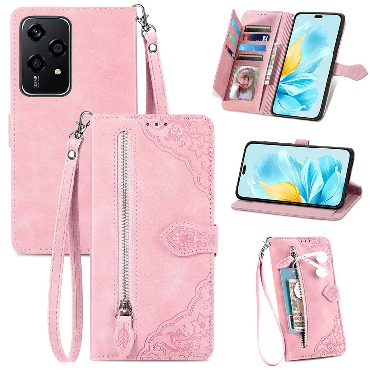 For Honor 200 Lite Zipper Wallet Case with Strap Flower Imprint PU Leather Phone Cover - Pink