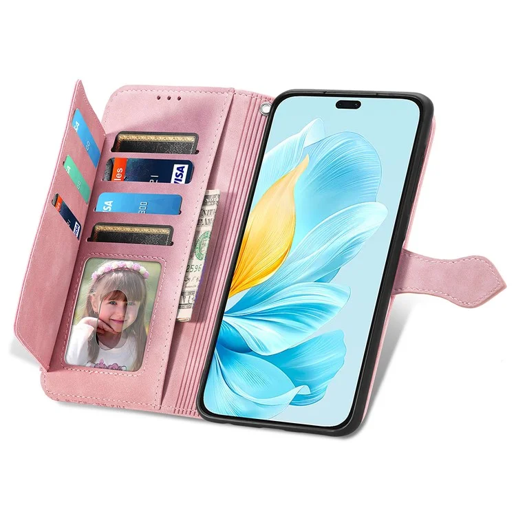 For Honor 200 Lite Zipper Wallet Case with Strap Flower Imprint PU Leather Phone Cover - Pink