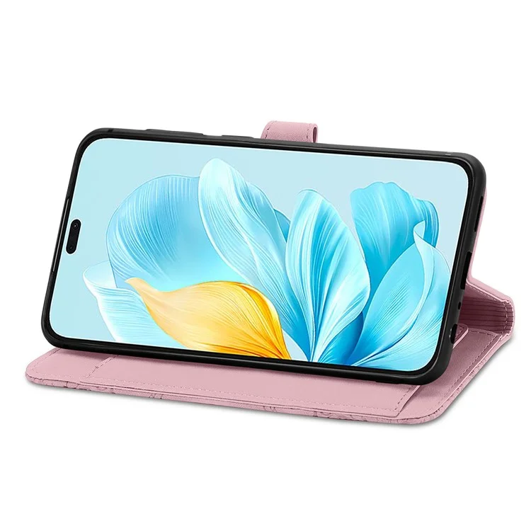 For Honor 200 Lite Zipper Wallet Case with Strap Flower Imprint PU Leather Phone Cover - Pink