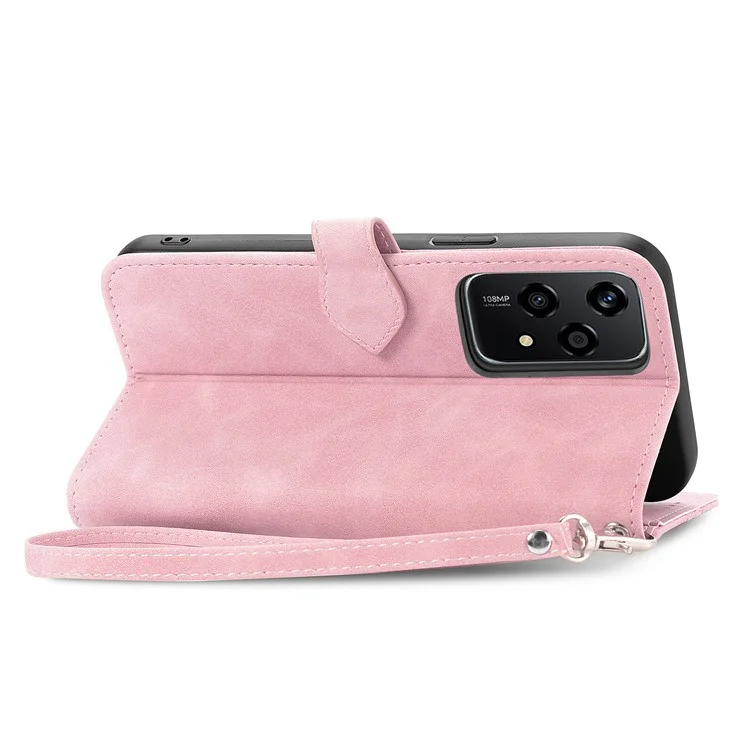 For Honor 200 Lite Zipper Wallet Case with Strap Flower Imprint PU Leather Phone Cover - Pink