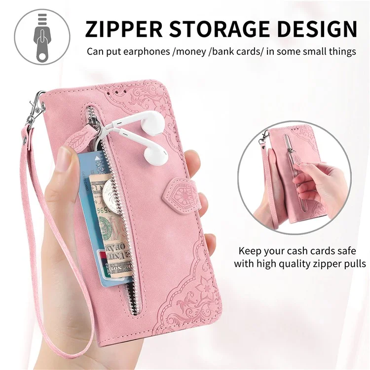 For Honor 200 Lite Zipper Wallet Case with Strap Flower Imprint PU Leather Phone Cover - Pink
