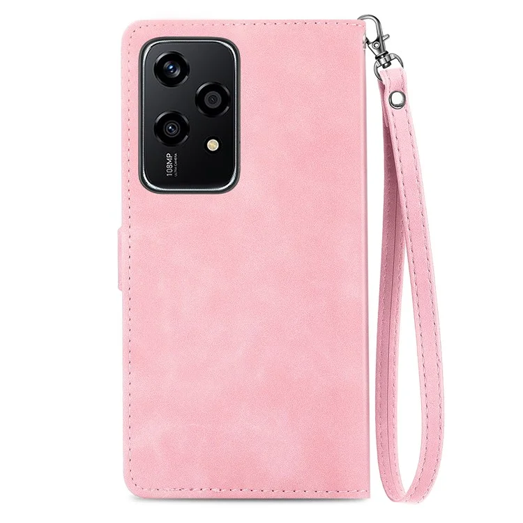 For Honor 200 Lite Zipper Wallet Case with Strap Flower Imprint PU Leather Phone Cover - Pink