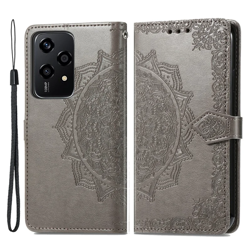 For Honor 200 Lite Case Stand Function Embossed Mandala Pattern PU Leather Phone Cover - Grey