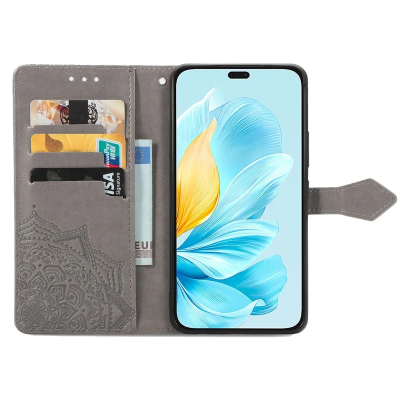 For Honor 200 Lite Case Stand Function Embossed Mandala Pattern PU Leather Phone Cover - Grey