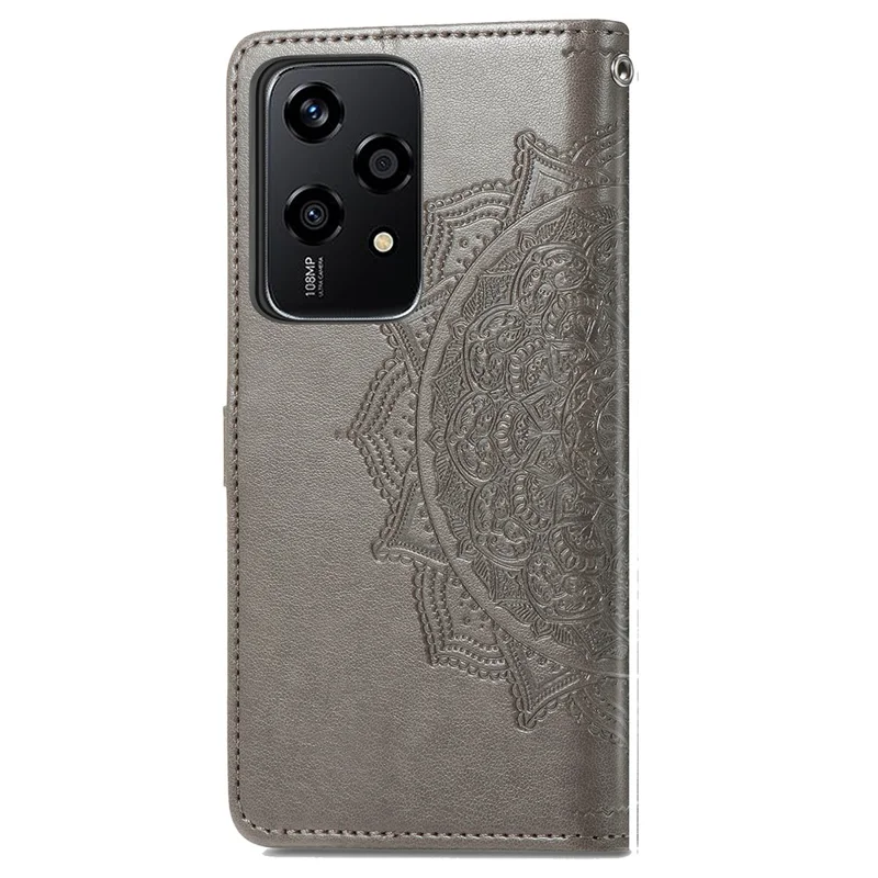 For Honor 200 Lite Case Stand Function Embossed Mandala Pattern PU Leather Phone Cover - Grey