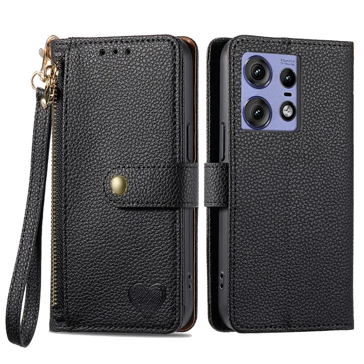 For Motorola Edge 50 Pro 5G Case Zipper Pocket Purse RFID Blocking Leather Phone Cover - Black