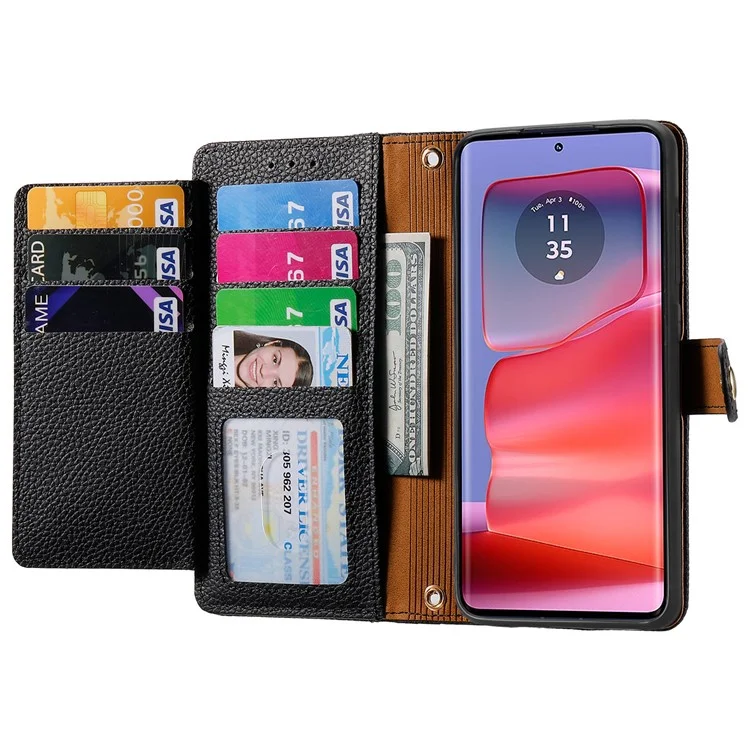 For Motorola Edge 50 Pro 5G Case Zipper Pocket Purse RFID Blocking Leather Phone Cover - Black