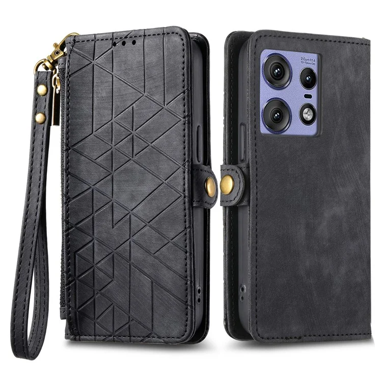 Para Motorola Edge 50 Pro 5G Funda Zipper Wallet Geometry Leather Phone Cover - Negro