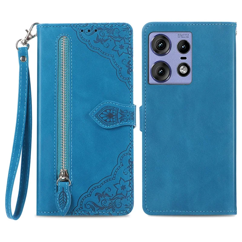 For Motorola Edge 50 Pro 5G Zipper Wallet Case with Strap Flower Imprint PU Leather Phone Cover - Blue