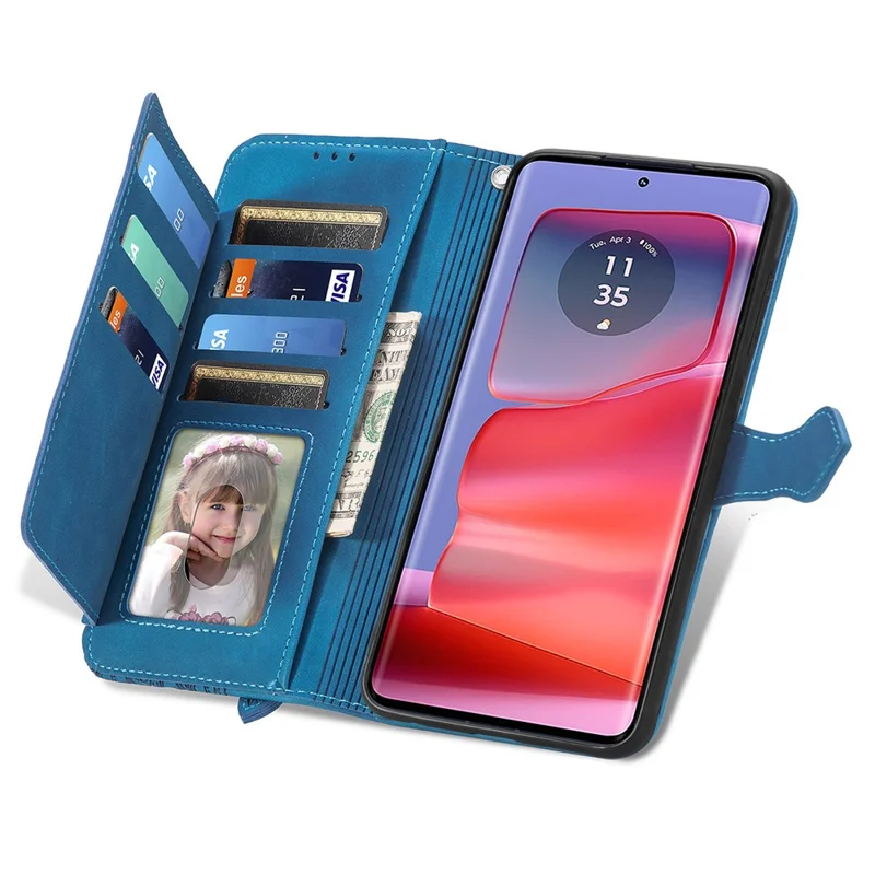 For Motorola Edge 50 Pro 5G Zipper Wallet Case with Strap Flower Imprint PU Leather Phone Cover - Blue