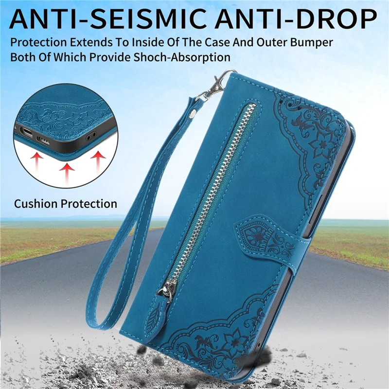 For Motorola Edge 50 Pro 5G Zipper Wallet Case with Strap Flower Imprint PU Leather Phone Cover - Blue