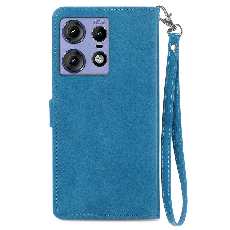 For Motorola Edge 50 Pro 5G Zipper Wallet Case with Strap Flower Imprint PU Leather Phone Cover - Blue