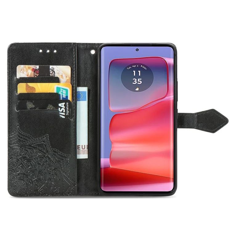 For Motorola Edge 50 Pro 5G Case Mandala Flower Leather Phone Cover with 3 Card Slots - Black