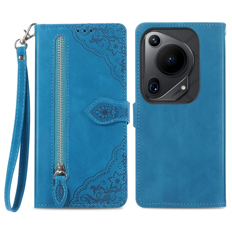 Para Huawei Pura 70 Ultra Case Stand Zipper Wallet Flower Phone Leather Cover - Azul