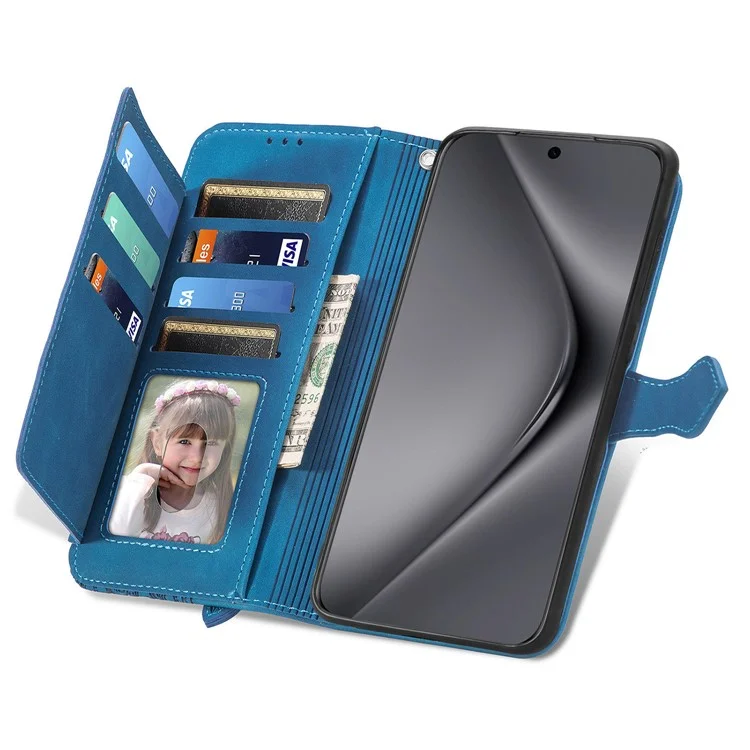 Para Huawei Pura 70 Ultra Case Stand Zipper Wallet Flower Phone Leather Cover - Azul