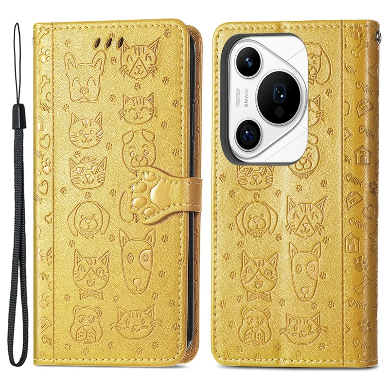 For Huawei Pura 70 Pro / Pura 70 Pro+ Case Leather Wallet Cover Cute Cat Dog Pattern - Yellow