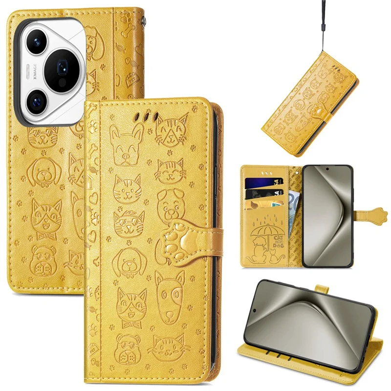 For Huawei Pura 70 Pro / Pura 70 Pro+ Case Leather Wallet Cover Cute Cat Dog Pattern - Yellow
