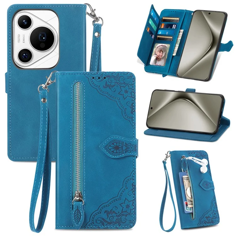 Per Huawei Pura 70 Pro / Pura 70 Pro+ Case Zipper Pocket Wallet Leather Flower Phone Cover - Blue