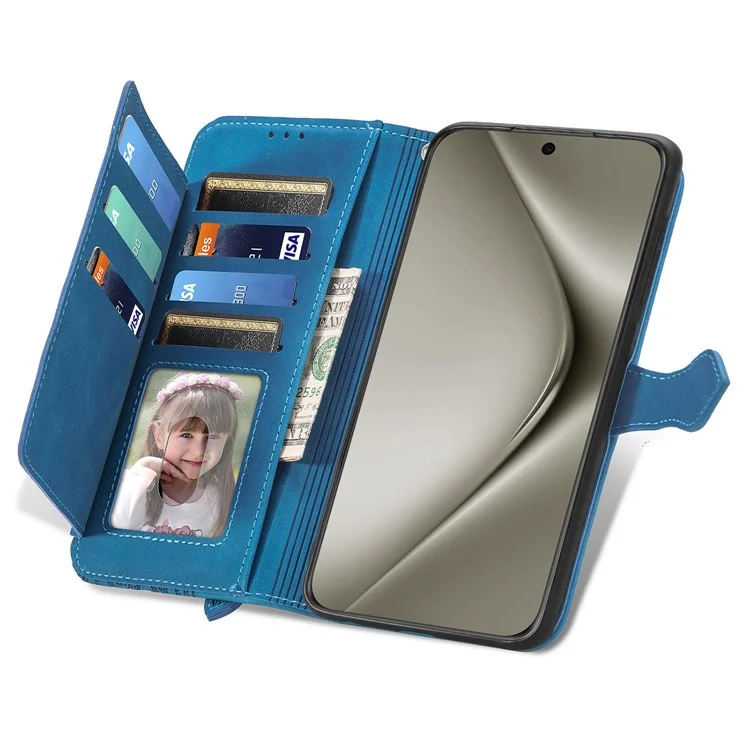 Per Huawei Pura 70 Pro / Pura 70 Pro+ Case Zipper Pocket Wallet Leather Flower Phone Cover - Blue