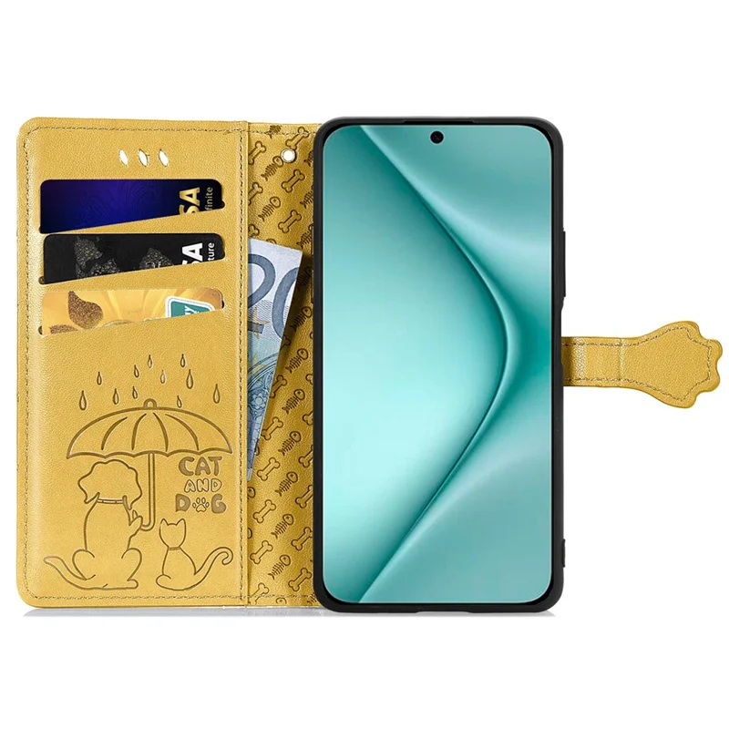 Per Huawei Pura 70 Case Cute Cat Dog Imprinted PU Leather Flip Phone Cover - Giallo