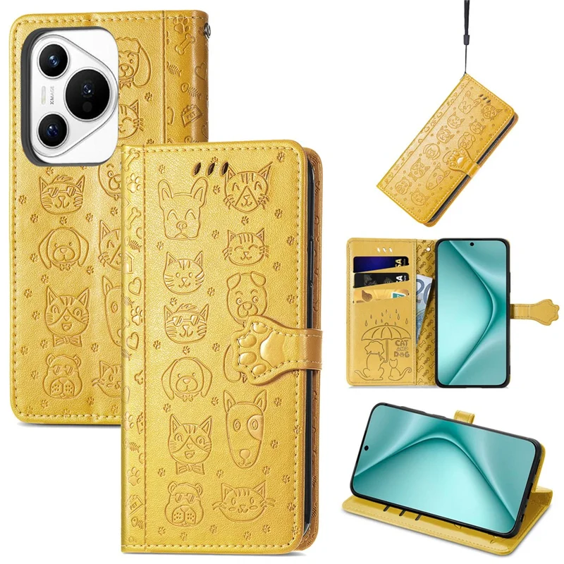 Per Huawei Pura 70 Case Cute Cat Dog Imprinted PU Leather Flip Phone Cover - Giallo