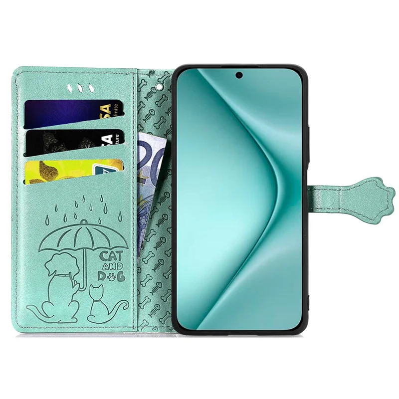 For Huawei Pura 70 Case Cute Cat Dog Imprinted PU Leather Flip Phone Cover - Green