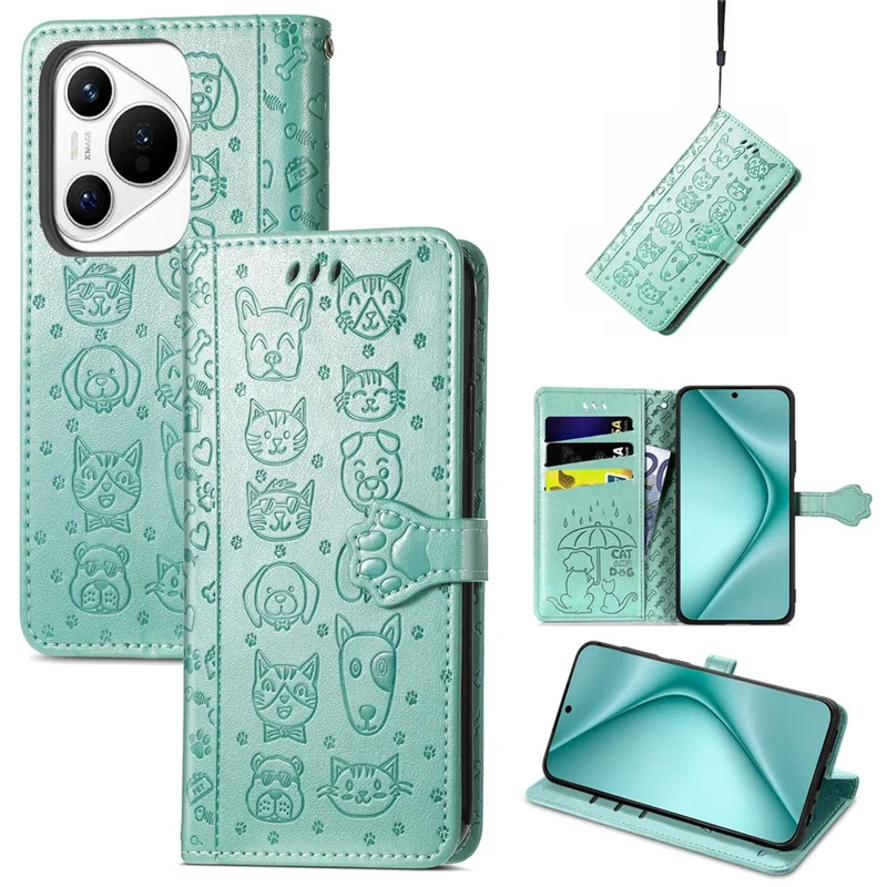 For Huawei Pura 70 Case Cute Cat Dog Imprinted PU Leather Flip Phone Cover - Green