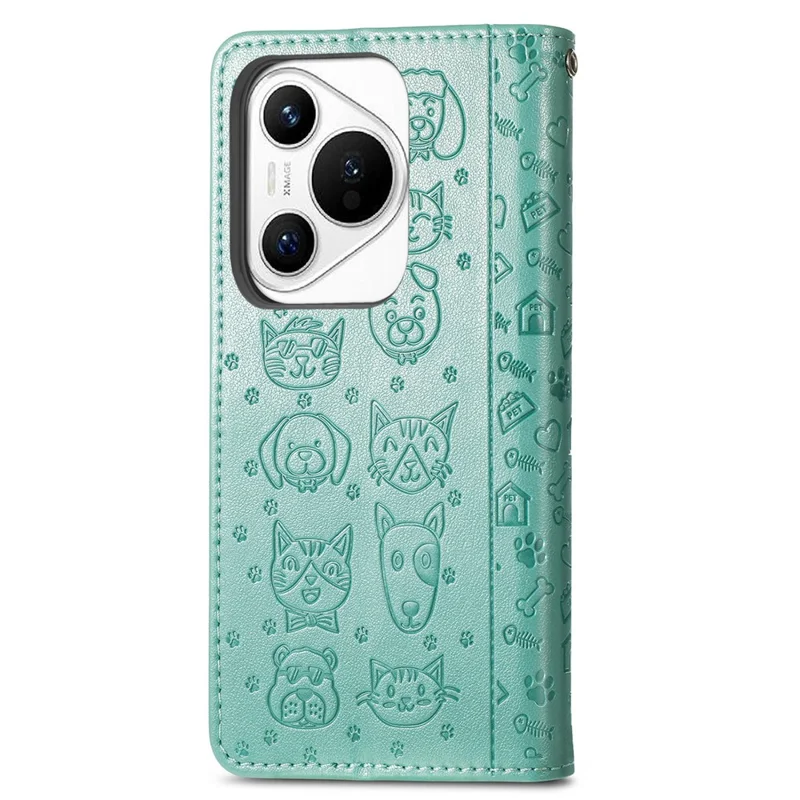 For Huawei Pura 70 Case Cute Cat Dog Imprinted PU Leather Flip Phone Cover - Green