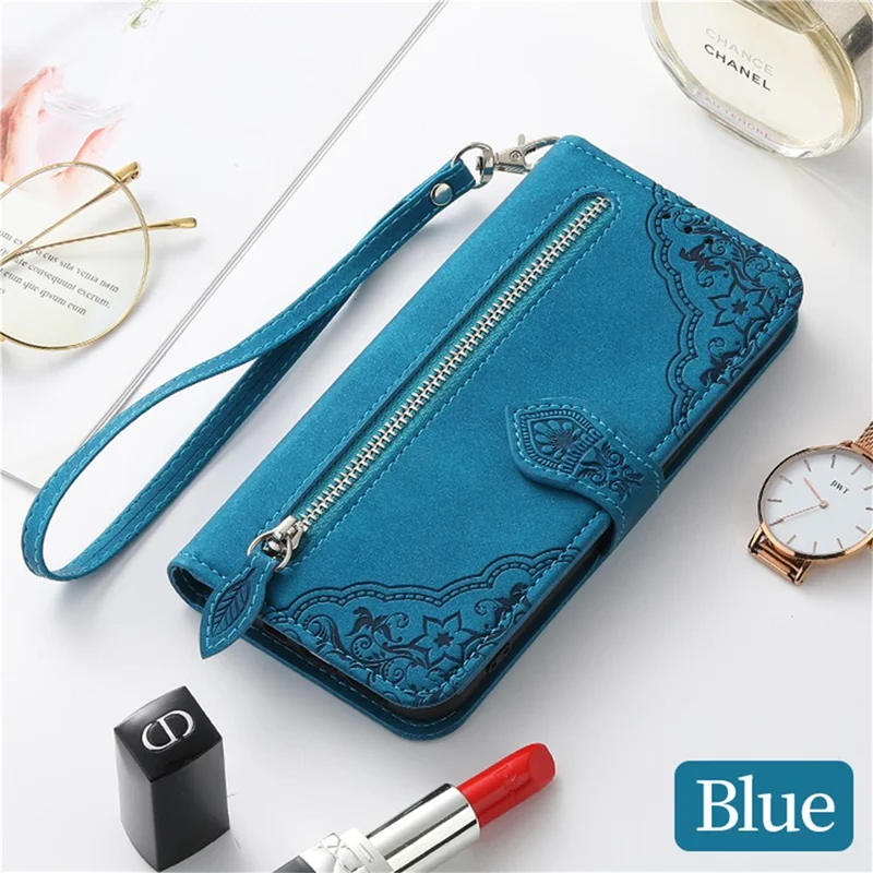 Pour le cas Pura 70 de Huawei, étui en cuir avec impression florale antichoc, avec portefeuille à fermeture éclair - Bleu