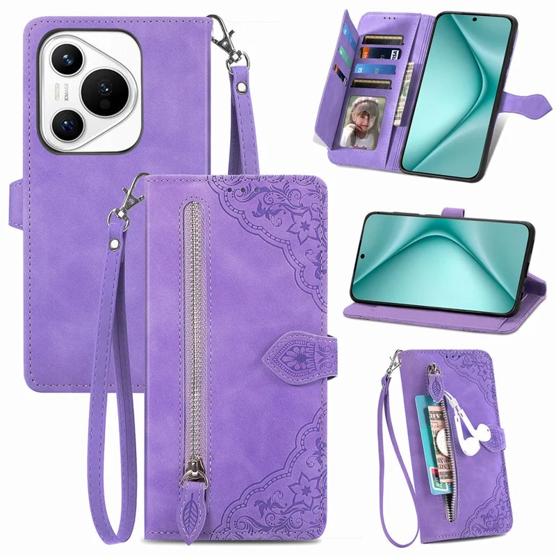 Para o caso Pura 70 da Huawei Capa de couro com estampa de flor à prova de choque com zíper e carteira - Roxo claro