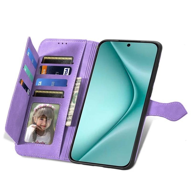 Para o caso Pura 70 da Huawei Capa de couro com estampa de flor à prova de choque com zíper e carteira - Roxo claro