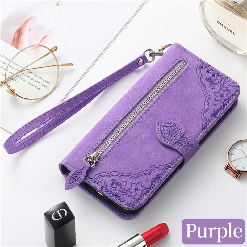 Para o caso Pura 70 da Huawei Capa de couro com estampa de flor à prova de choque com zíper e carteira - Roxo claro