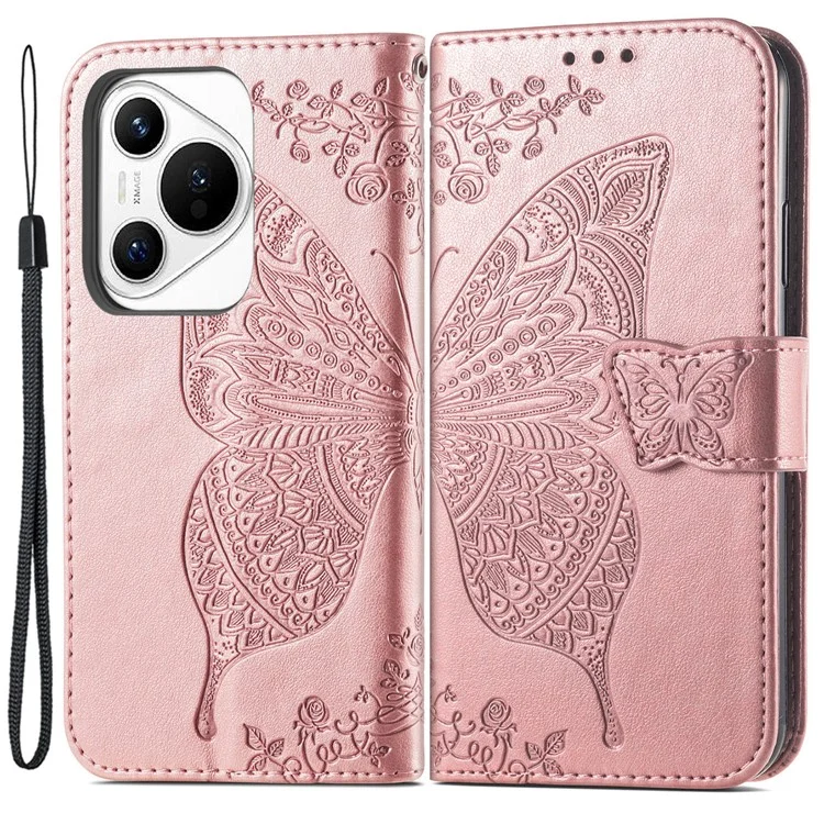 For Huawei Pura 70 Case Card Holders Butterfly Pattern PU Leather Phone Cover - Rose Gold