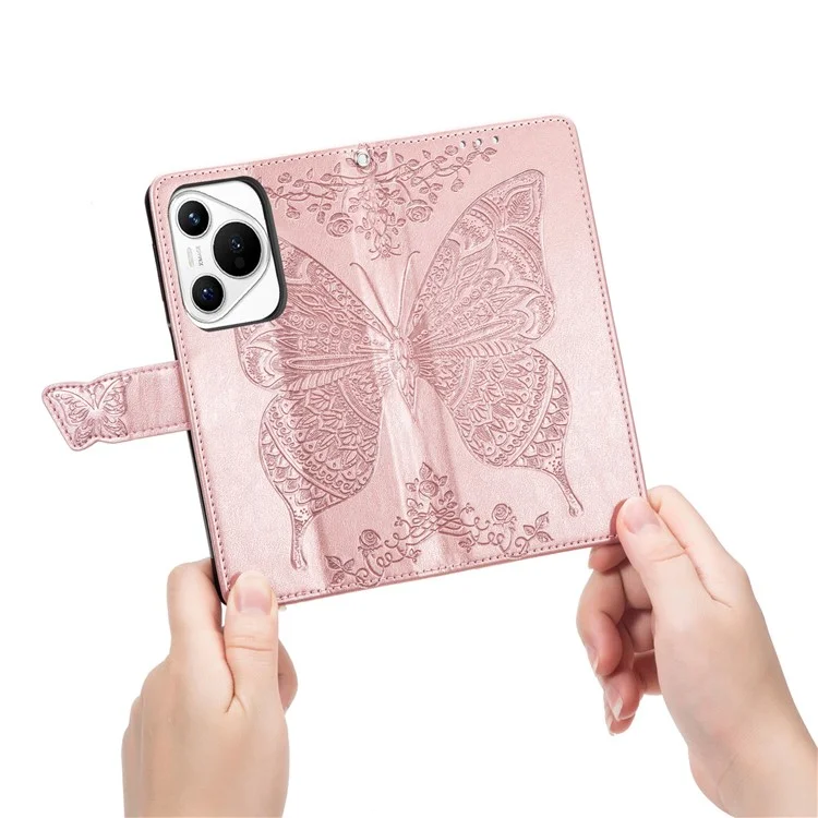 For Huawei Pura 70 Case Card Holders Butterfly Pattern PU Leather Phone Cover - Rose Gold