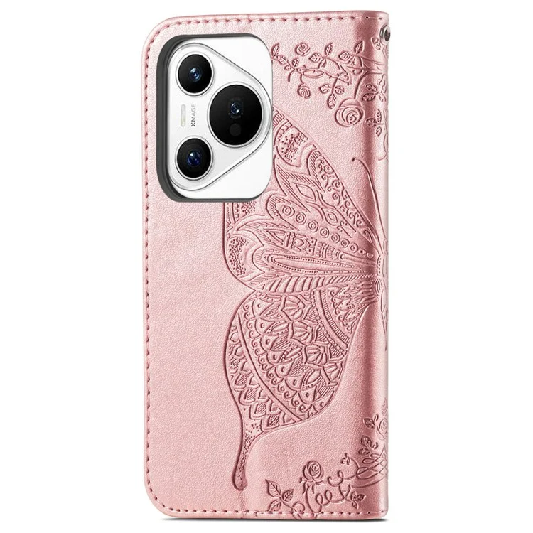 For Huawei Pura 70 Case Card Holders Butterfly Pattern PU Leather Phone Cover - Rose Gold