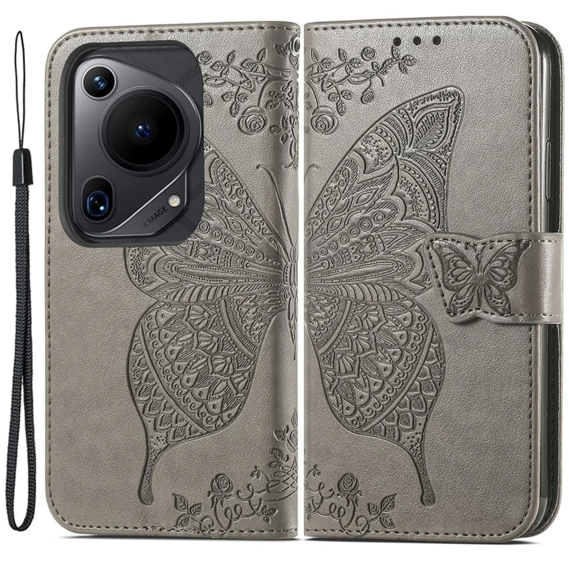 For Huawei Pura 70 Ultra Case Stand Wallet Leather Phone Cover Butterfly Pattern - Grey
