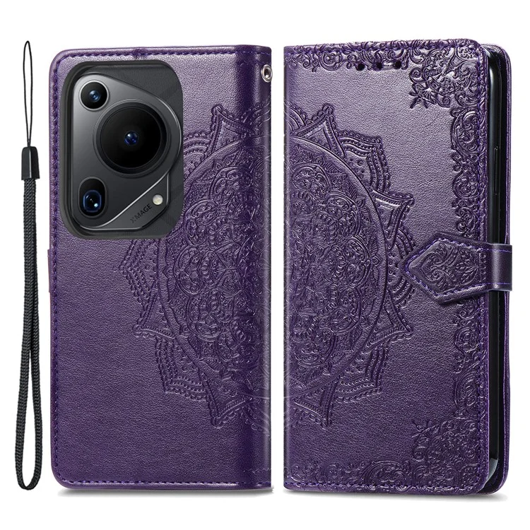 Para Huawei Pura 70 Ultra Case PU Leather Mandala Flower Phone Cover con Strap - Púrpura