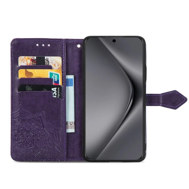 Para Huawei Pura 70 Ultra Case PU Leather Mandala Flower Phone Cover con Strap - Púrpura