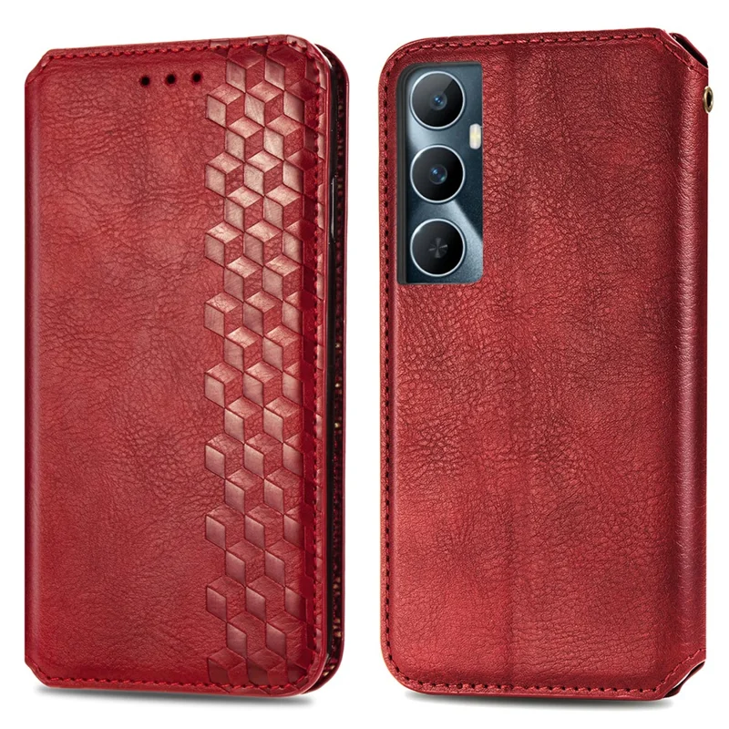 Para Realme C65 4G Case Carteira Fecho Magnético Padrão de Losango Capa de Telefone de Couro - Vermelho