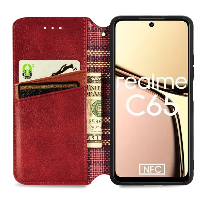 Para Realme C65 4G Case Carteira Fecho Magnético Padrão de Losango Capa de Telefone de Couro - Vermelho