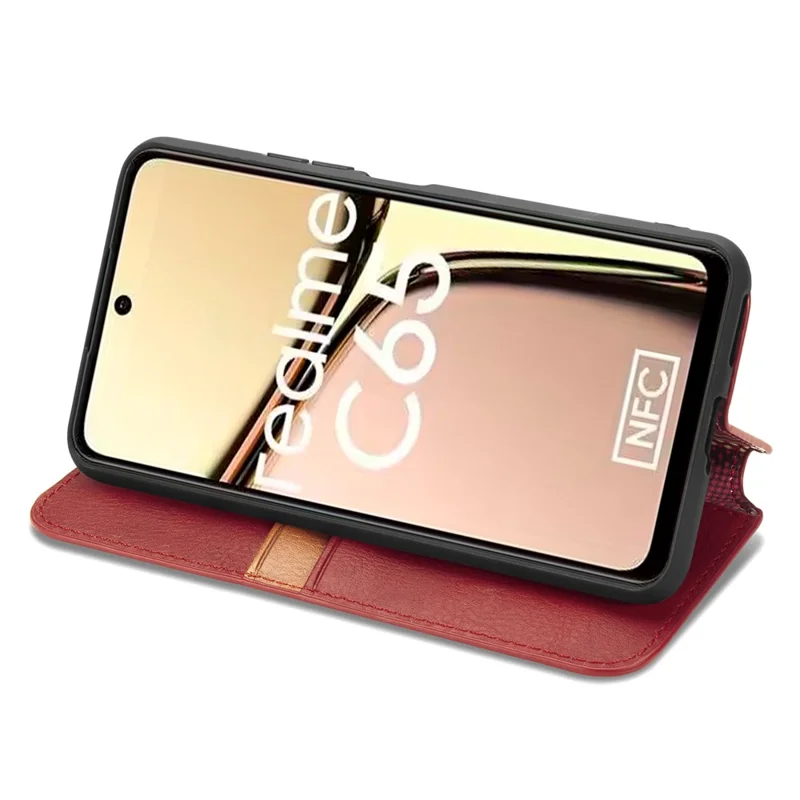 Para Realme C65 4G Case Carteira Fecho Magnético Padrão de Losango Capa de Telefone de Couro - Vermelho