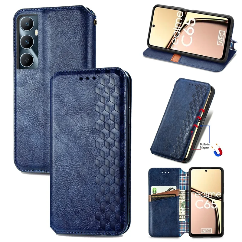 Para Realme C65 4G Capa da Carteira Fecho Magnético Couro Diamante Capa de Telefone - Azul