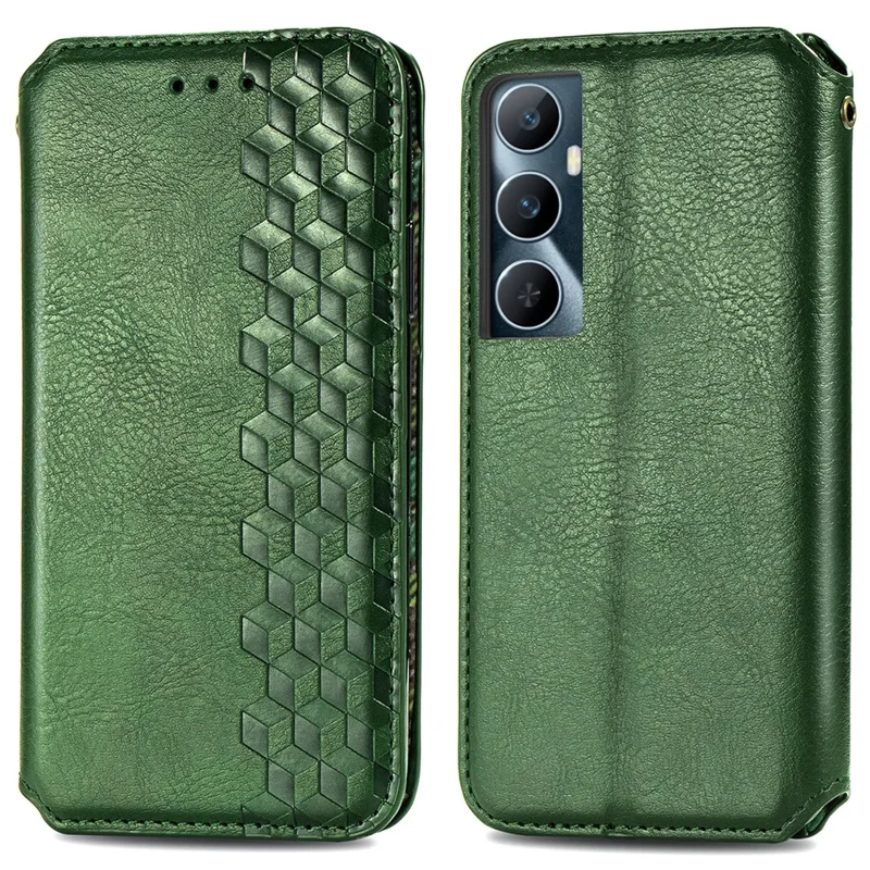 Para Realme C65 4G Case Wallet Fecho Magnético Rhombus Capa de Telefone de Couro - Verde