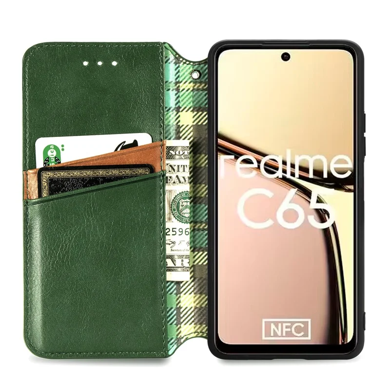 Para Realme C65 4G Case Wallet Fecho Magnético Rhombus Capa de Telefone de Couro - Verde