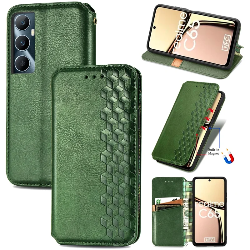 Para Realme C65 4G Case Wallet Fecho Magnético Rhombus Capa de Telefone de Couro - Verde